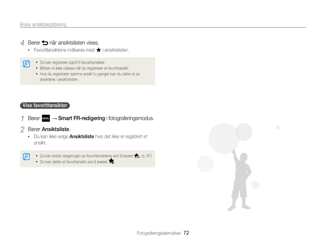 Samsung EC-MV800ZBPBE2 manual Vise favorittansikter , Når ansiktslisten vises Favorittansiktene indikeres med 